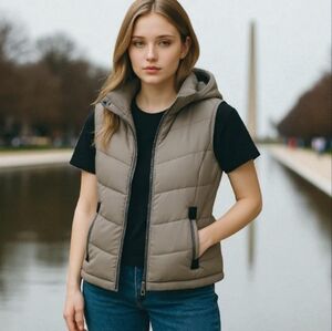 GreenTea  Beige Hooded Puffer Vest Faux Fur Lining